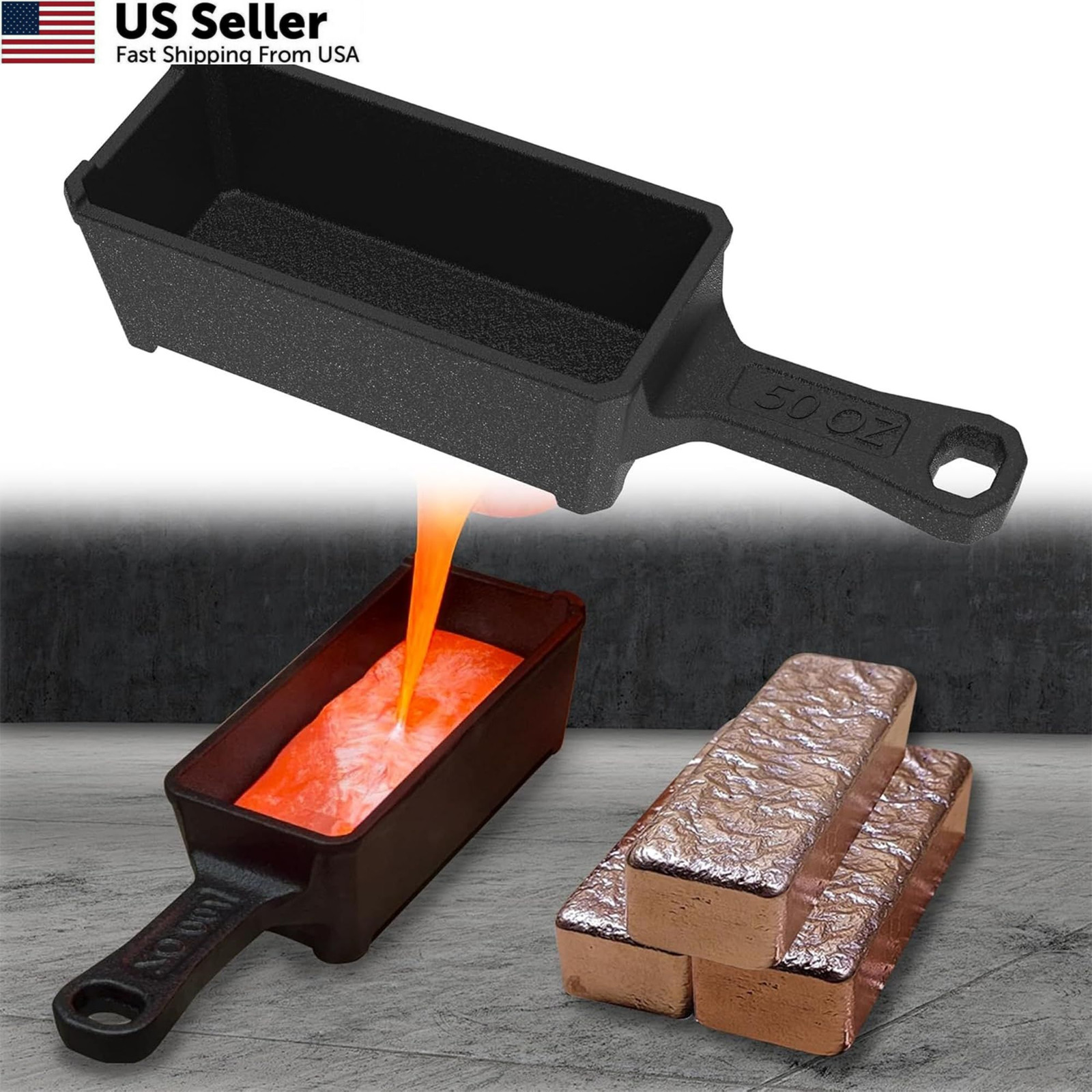 Nelyrho 50 oz Cast Iron Loaf Ingot Mold Crucible Handle Gold Silver FROM USA