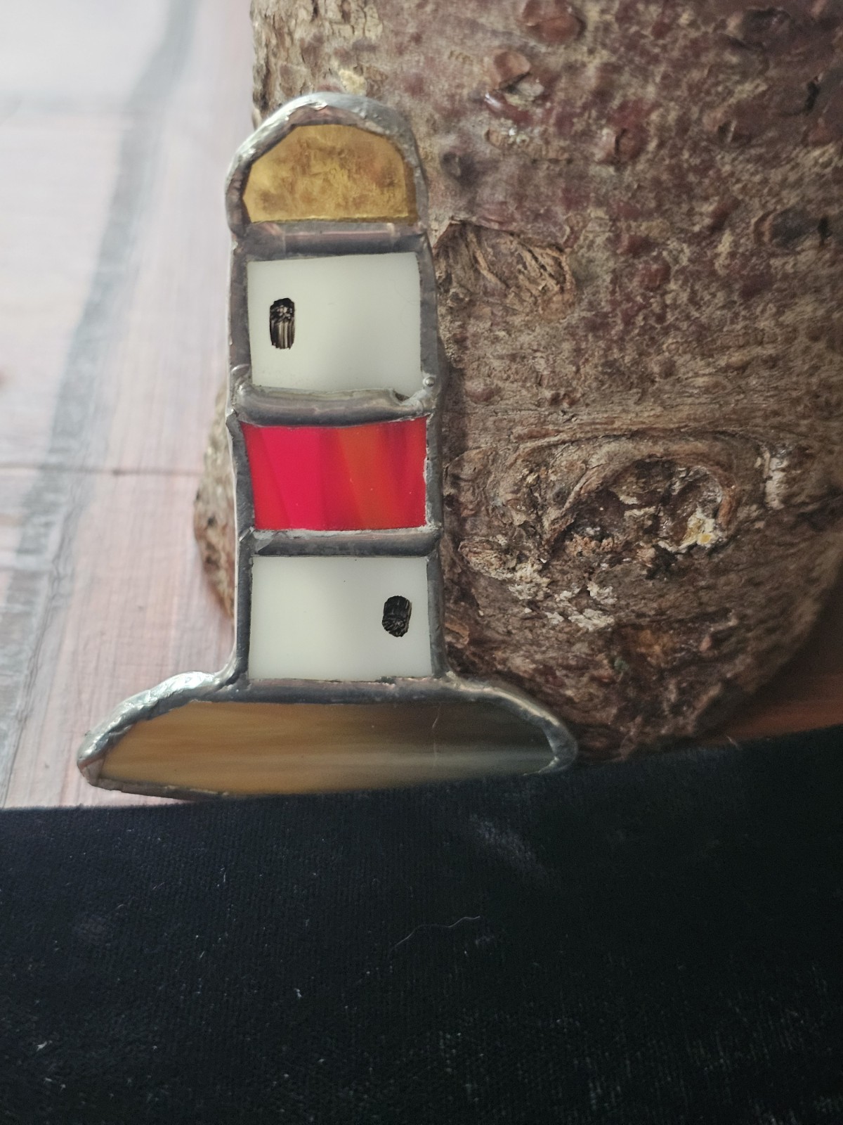 Vtg Retro Handmade Stained-Glass Large 3″ Lighthouse Brooch Pin Red White Sand