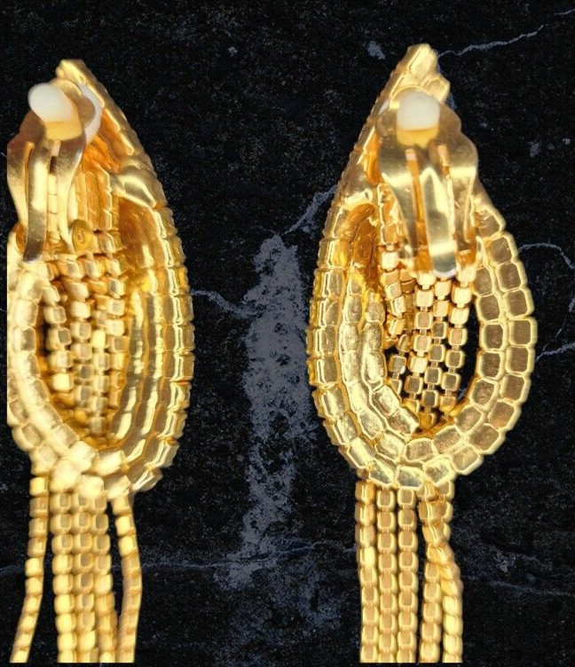 STRIKING Dangle Earrings Covered In Crystals Clip On Gold Tone Dangle 3.75″