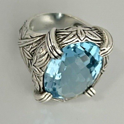 Stephen Dweck Faceted Blue Topaz Ring in Engraved Sterling Silver