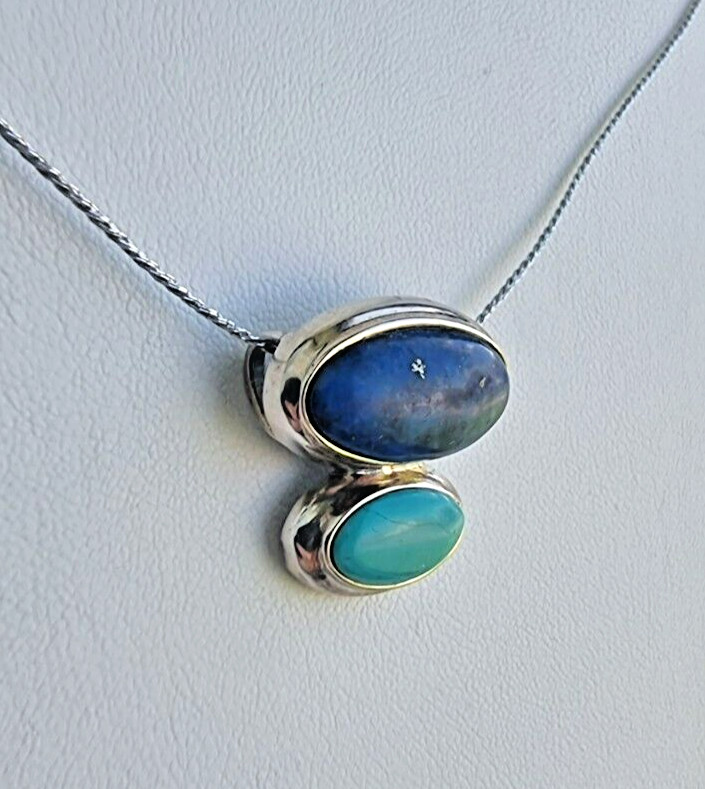 925 STERLING SILVER OVAL 20×19 mm. LAPIS AND OVAL 14×7 mm. TURQUOISE NECKLACE