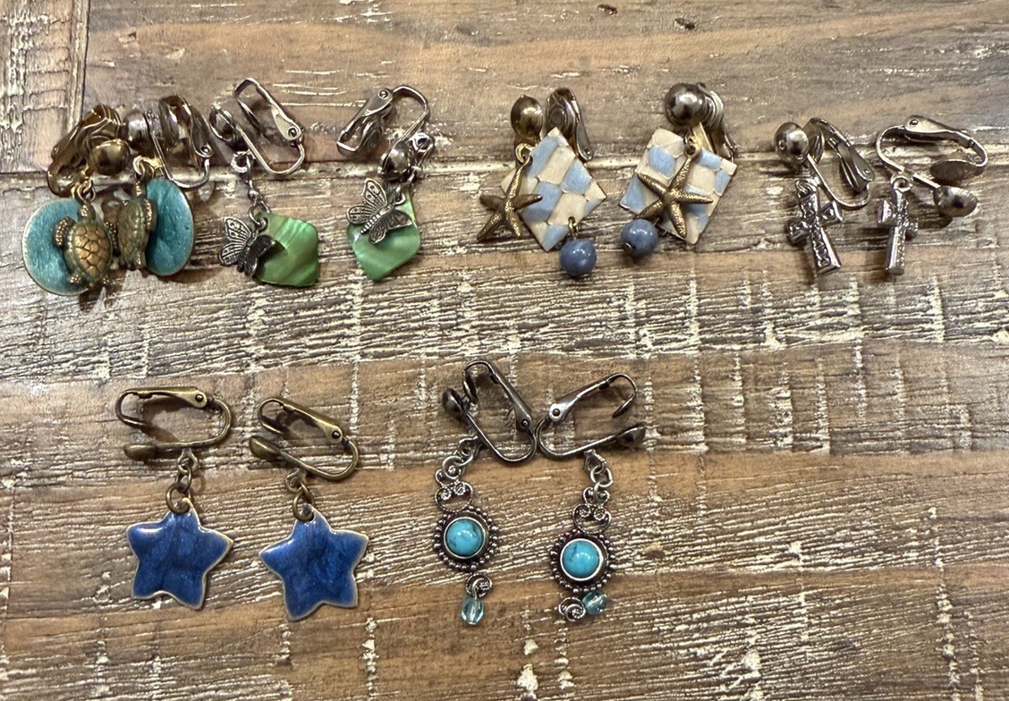 6 Pair Vintage Clip On Earrings Lot Enamel Shell Turquoise Blue-Green Boho Stone
