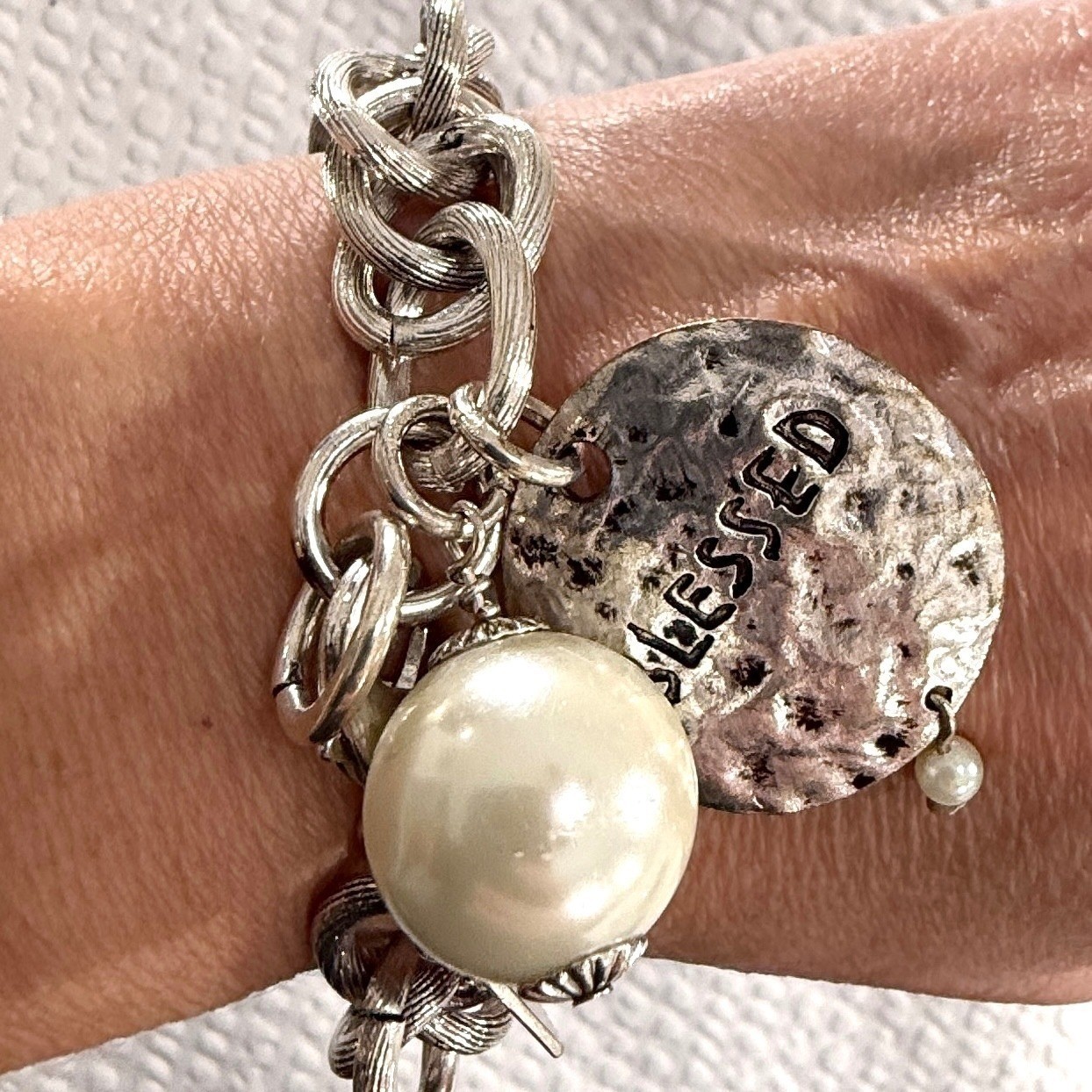 Atelier Charm Bracelet 8 Inch Silver Tone Blessed Disc Faux Pearl Jewelry