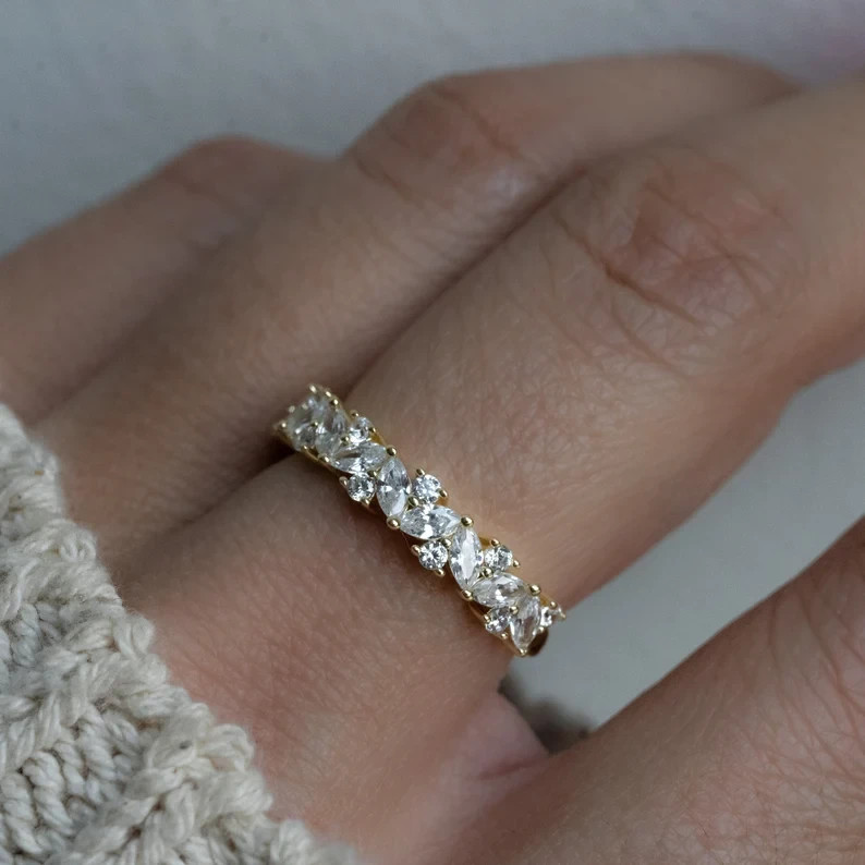 Multi Stone Ring, Diamond Wedding Band, Marquise Ring, Womens Gold Ring