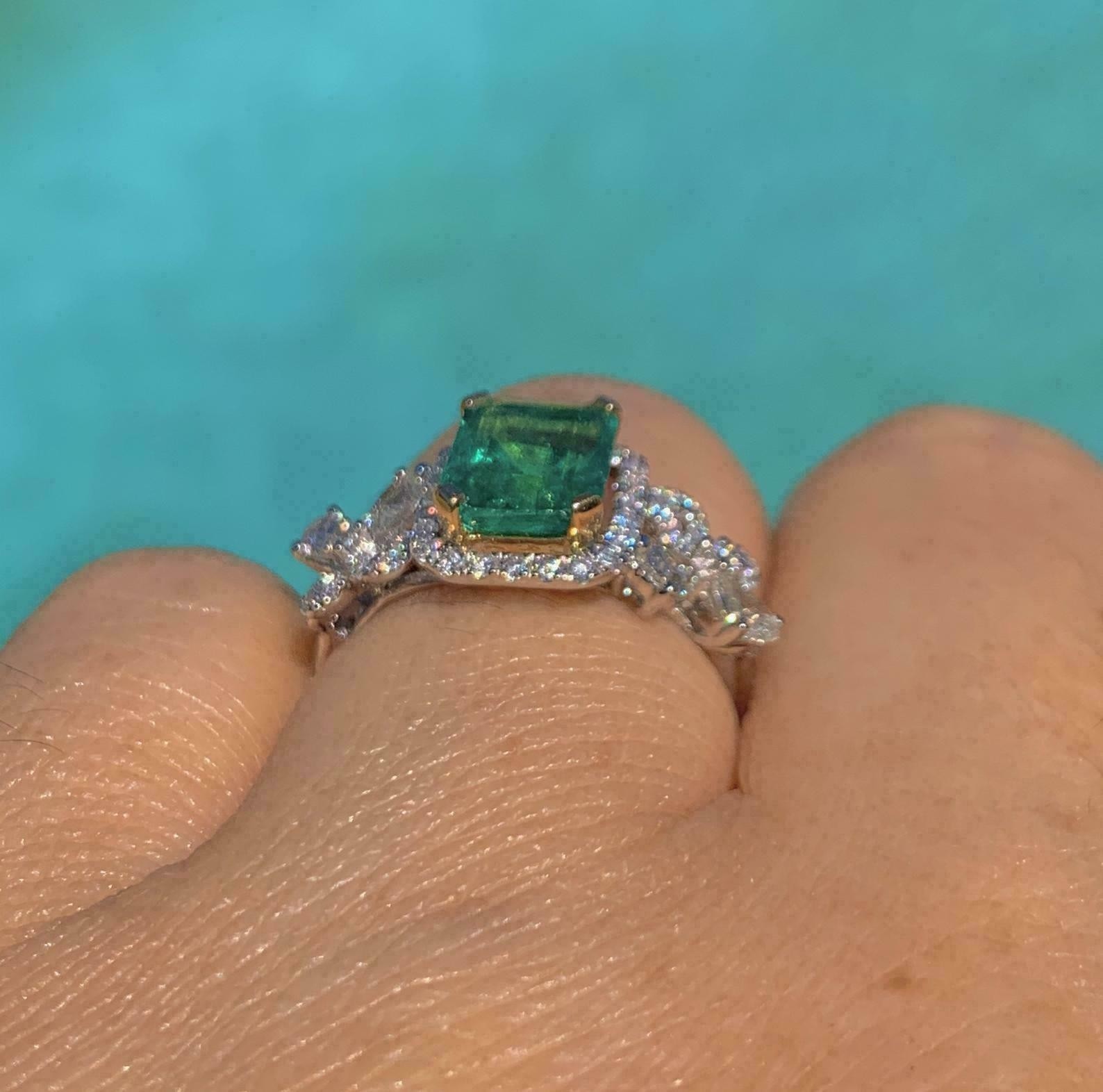 3.08 Ct Emerald Cut Natural Emerald Diamond Wedding Ring 14K White Gold Size 7