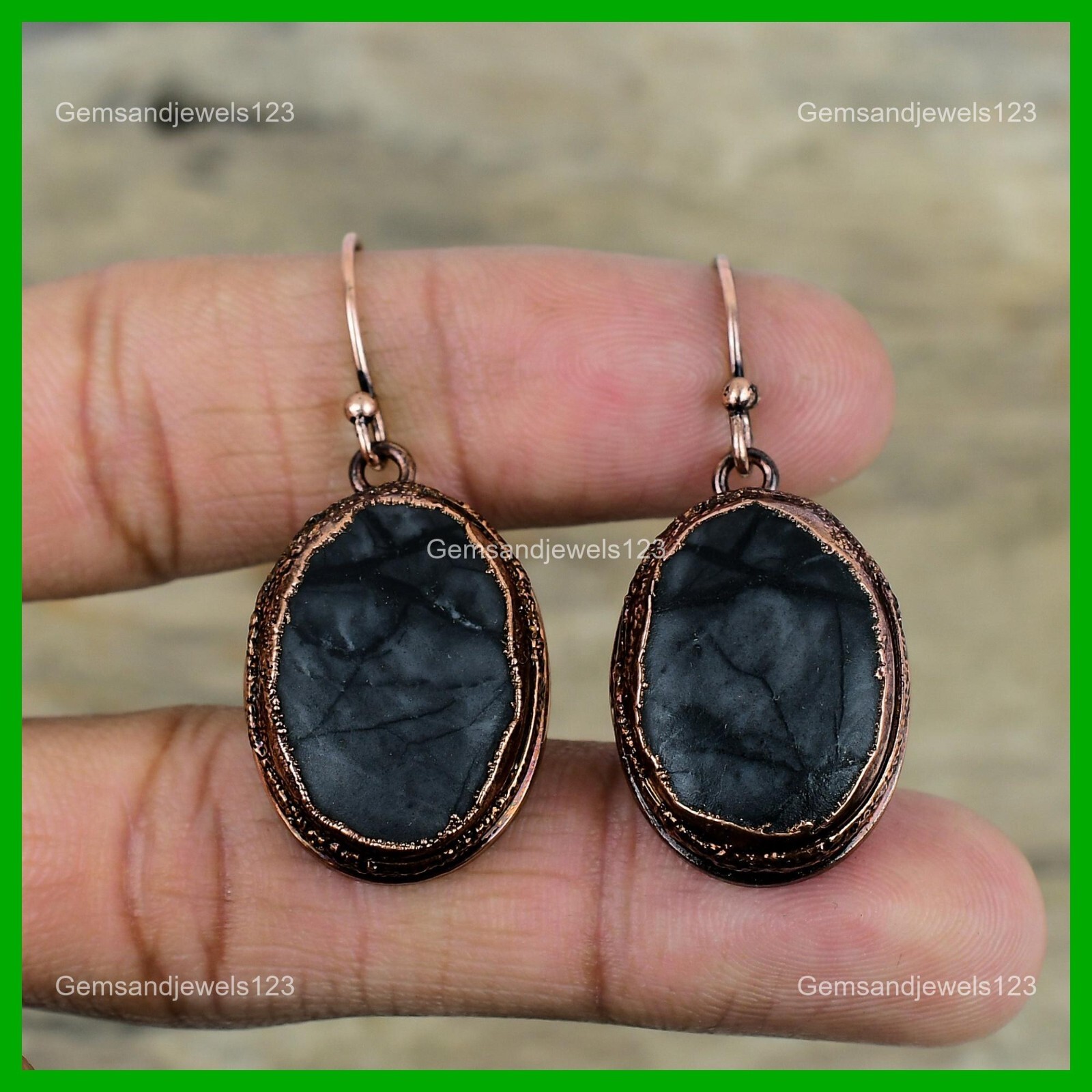 Copper Picasso Jasper Stone Dangling Anniversary Electroformed Earrings Jewelry
