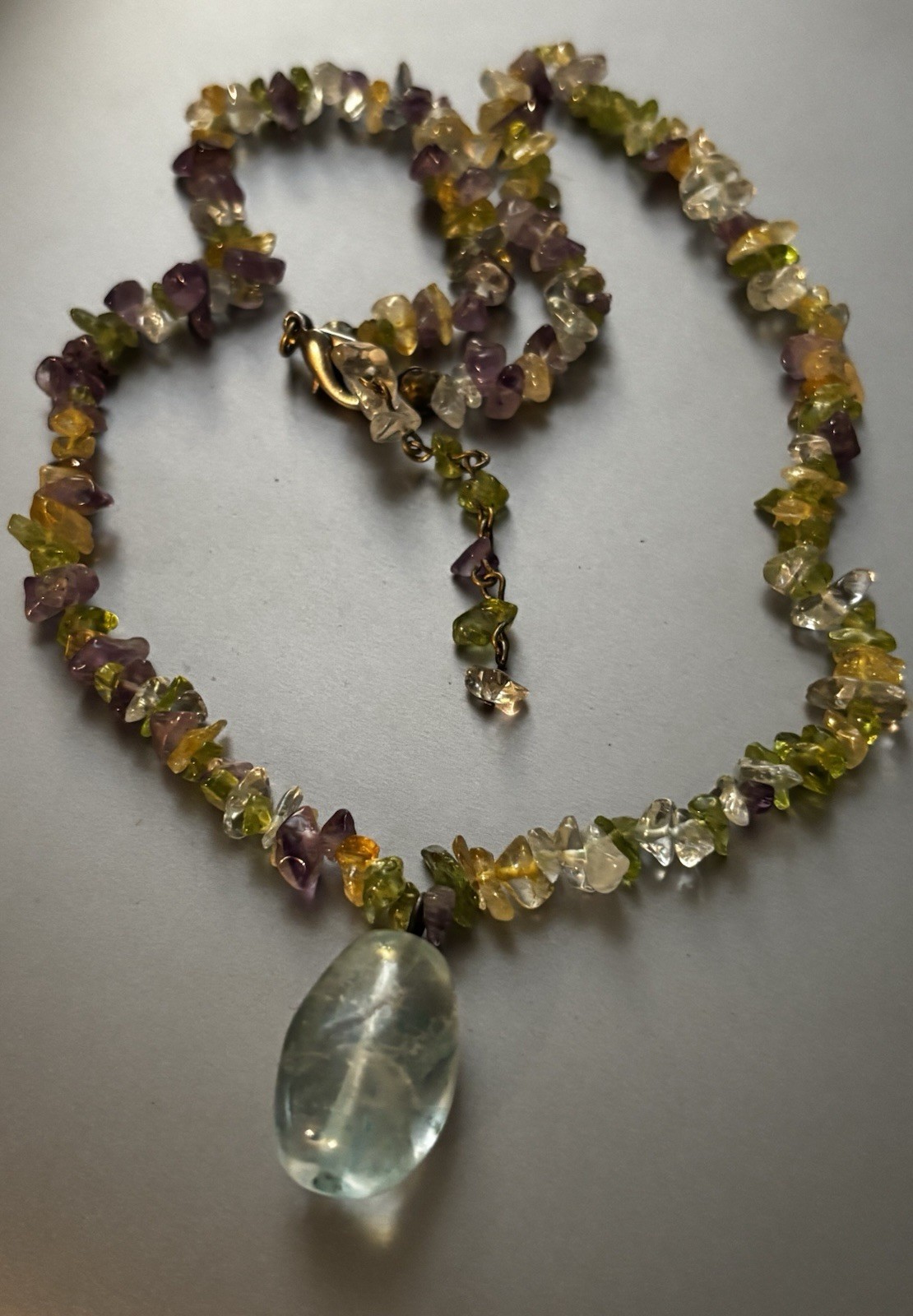 Vtg Aquamarine, Peridot, Citrine, Amethyst w/ Aquamarine Quartz Pendant 17.5″