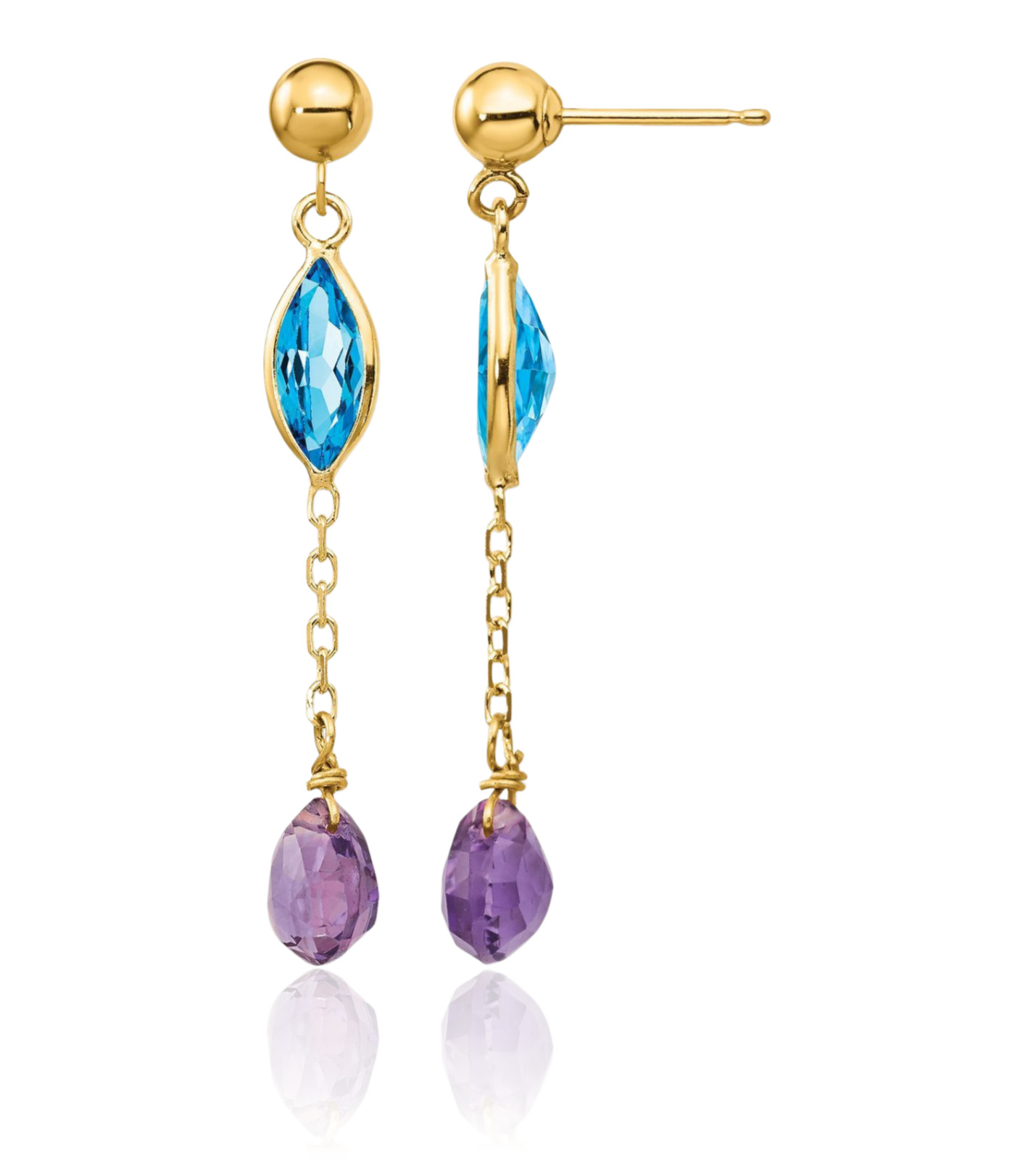 14K Solid Yellow Gold Purple Blue Topaz Amethyst Medium Dangle Earrings 35mm