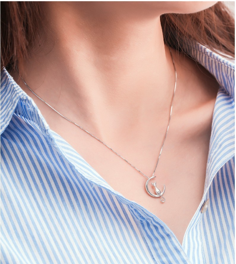 925 Sterling Silver Crescent Moon Cat Love Pendant Necklace 18″ Chain Gift B59