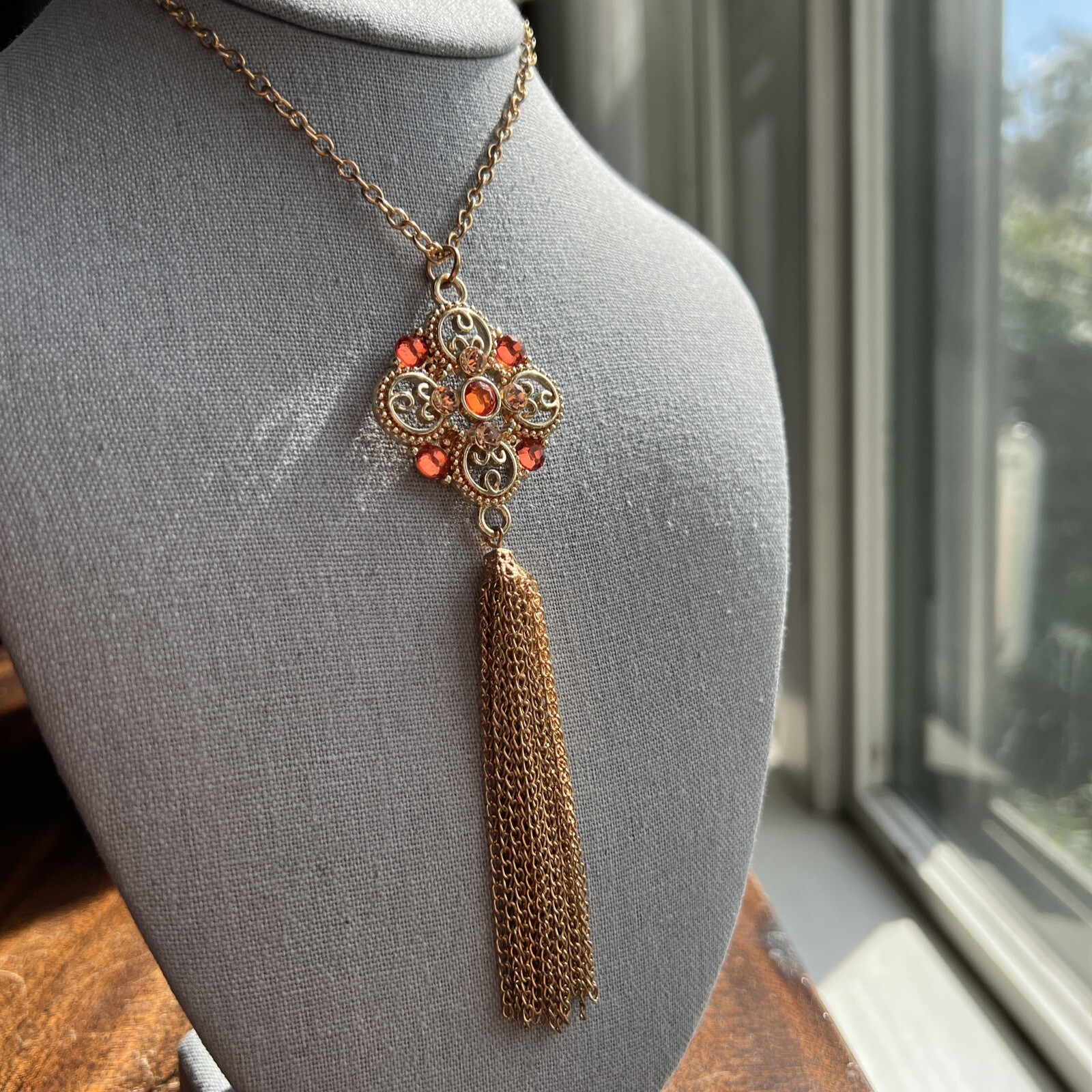 Mid-Century Orange /Pink Rhinestone Gold Tone Tassel Statement Necklace Fabulous