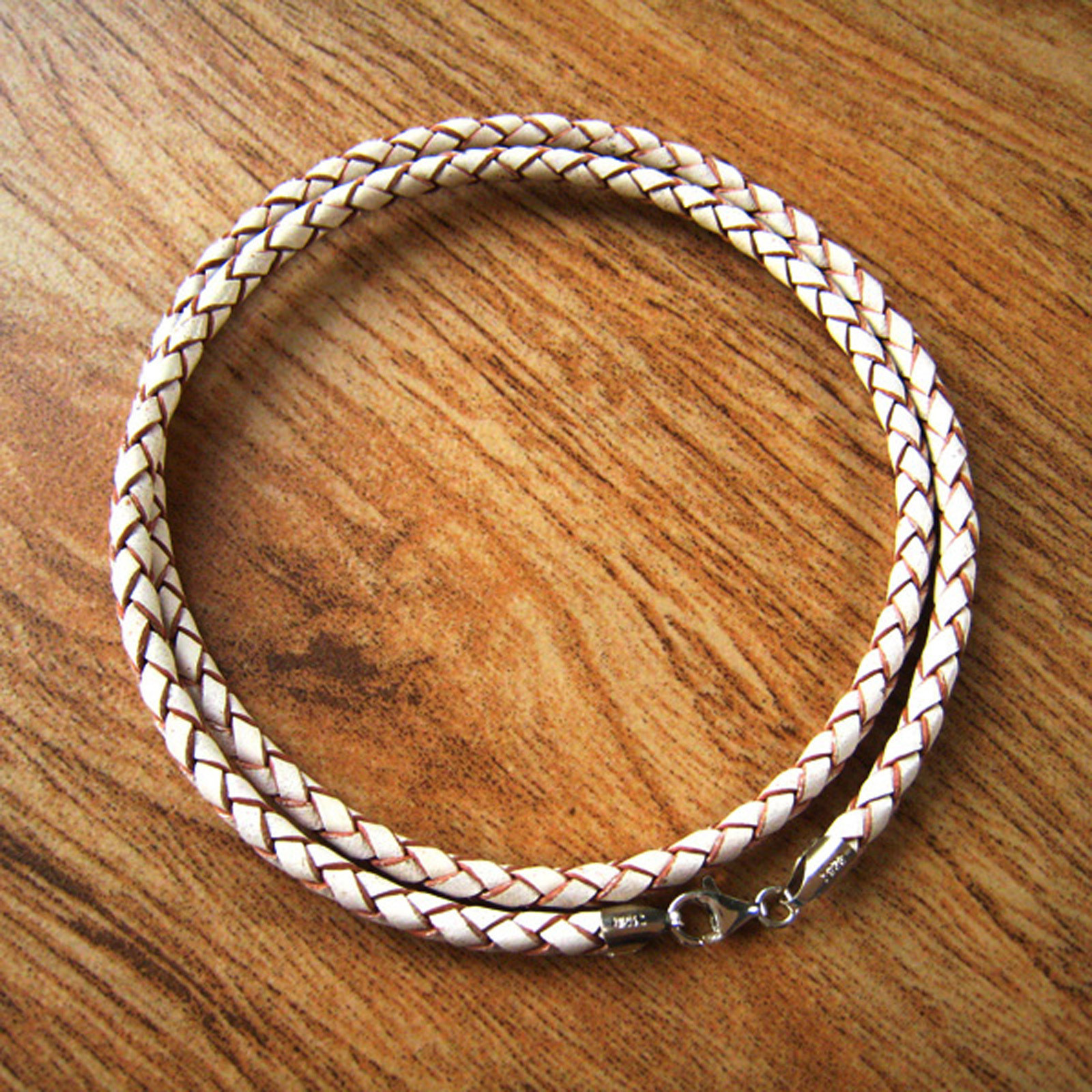 4mm White Briaded Bolo Leather Cord Necklace 925 sterling Silver Clasp 14″ – 36″