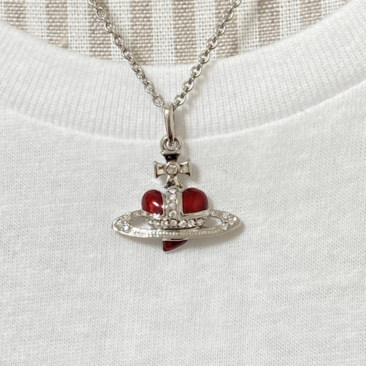 Vivienne Westwood Necklace Diamante Heart Silver Red TOP 2.5cm w/Pouch NO BOX