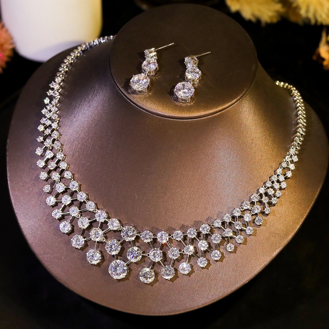Gorgeous Zircon Drop Necklace Earrings Sets Evening Wedding Dinner Party Bridal
