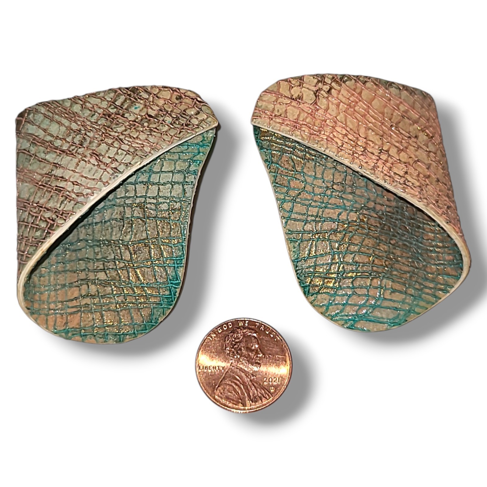Vintage 80s Abstract Statement Clip On Earrings Peach & Green Art Big Bold
