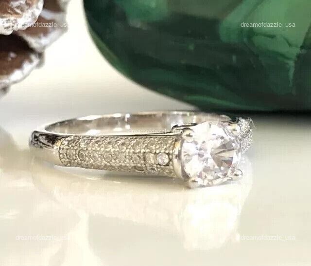 14K Solid White Gold Round Diamond Solitaire with Accents Dazzling Ring Jewelry
