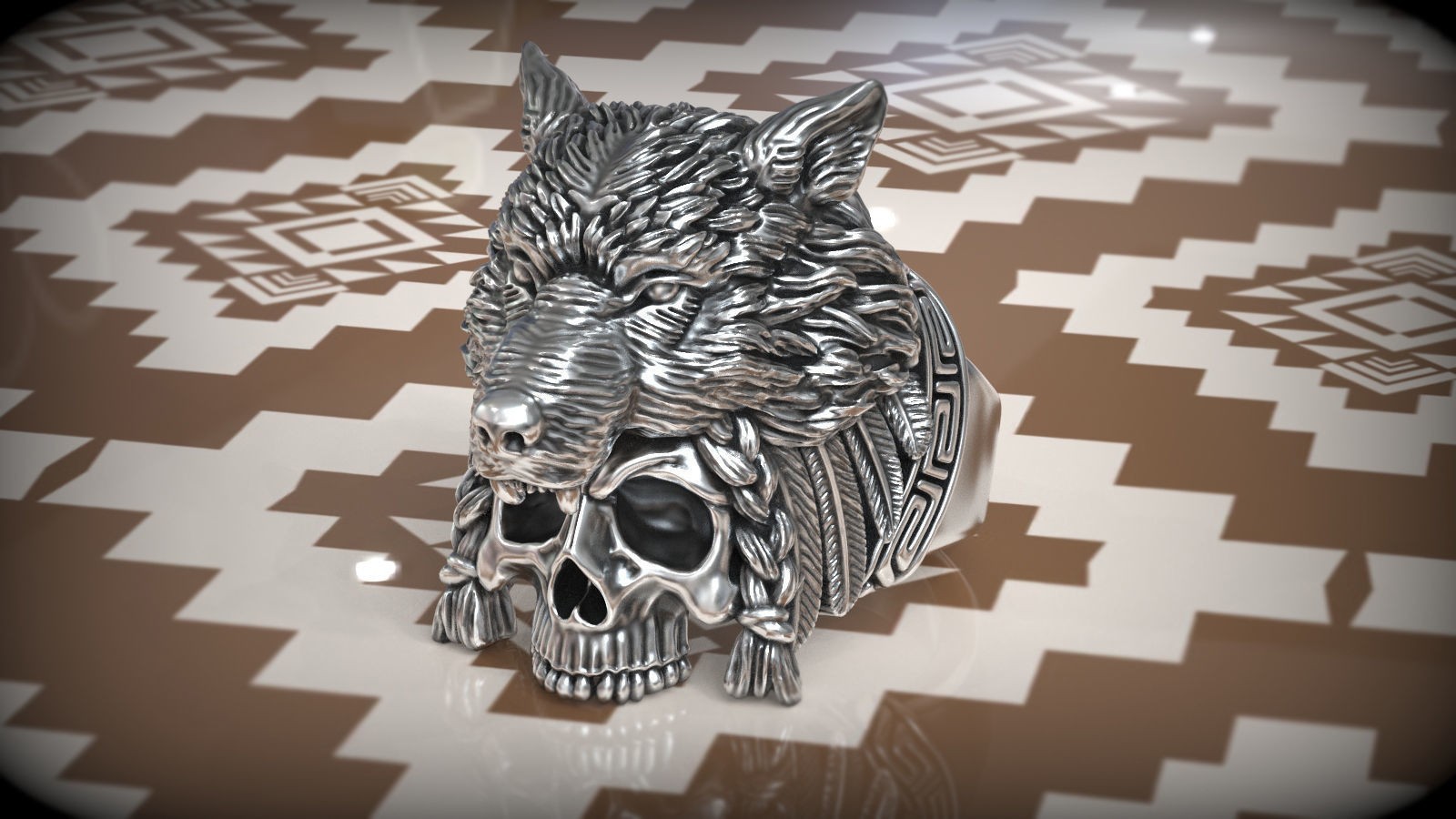 Native American Indian Chief Skull & Wolf Head 925SterlingSilver Statement Rings