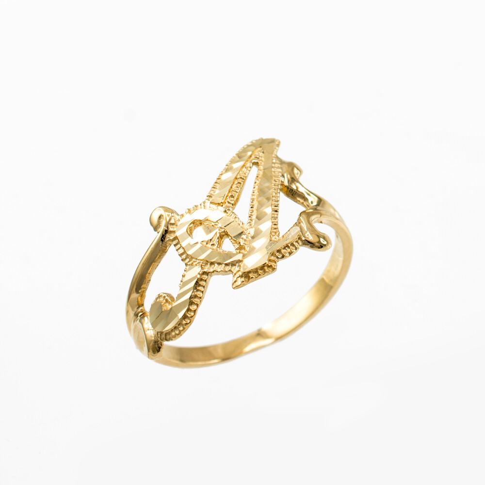 10K Yellow Gold Sparkle-Cut Cursive Letter Initial Script Ring for Women