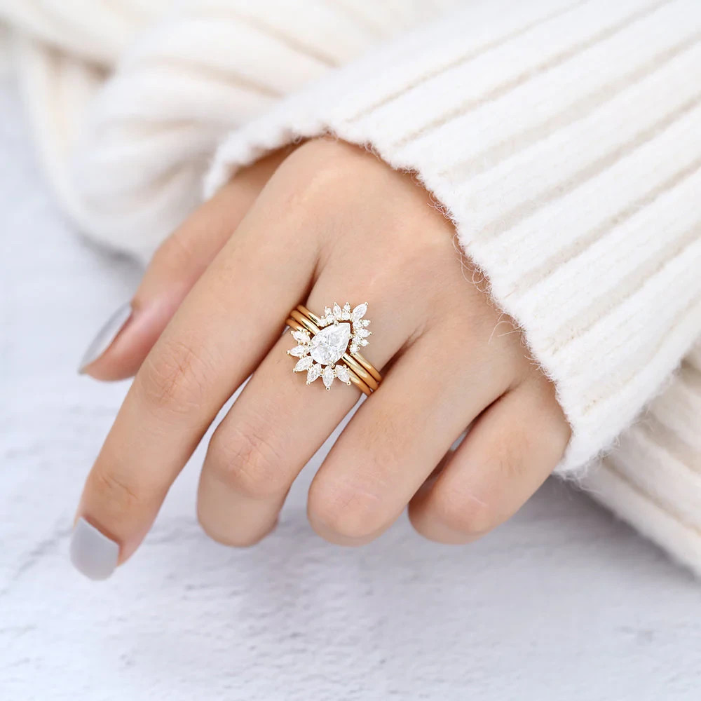 2CT Pear Lab Grown Diamond Solitaire Engagement Bridal Ring Set 14k Yellow Gold