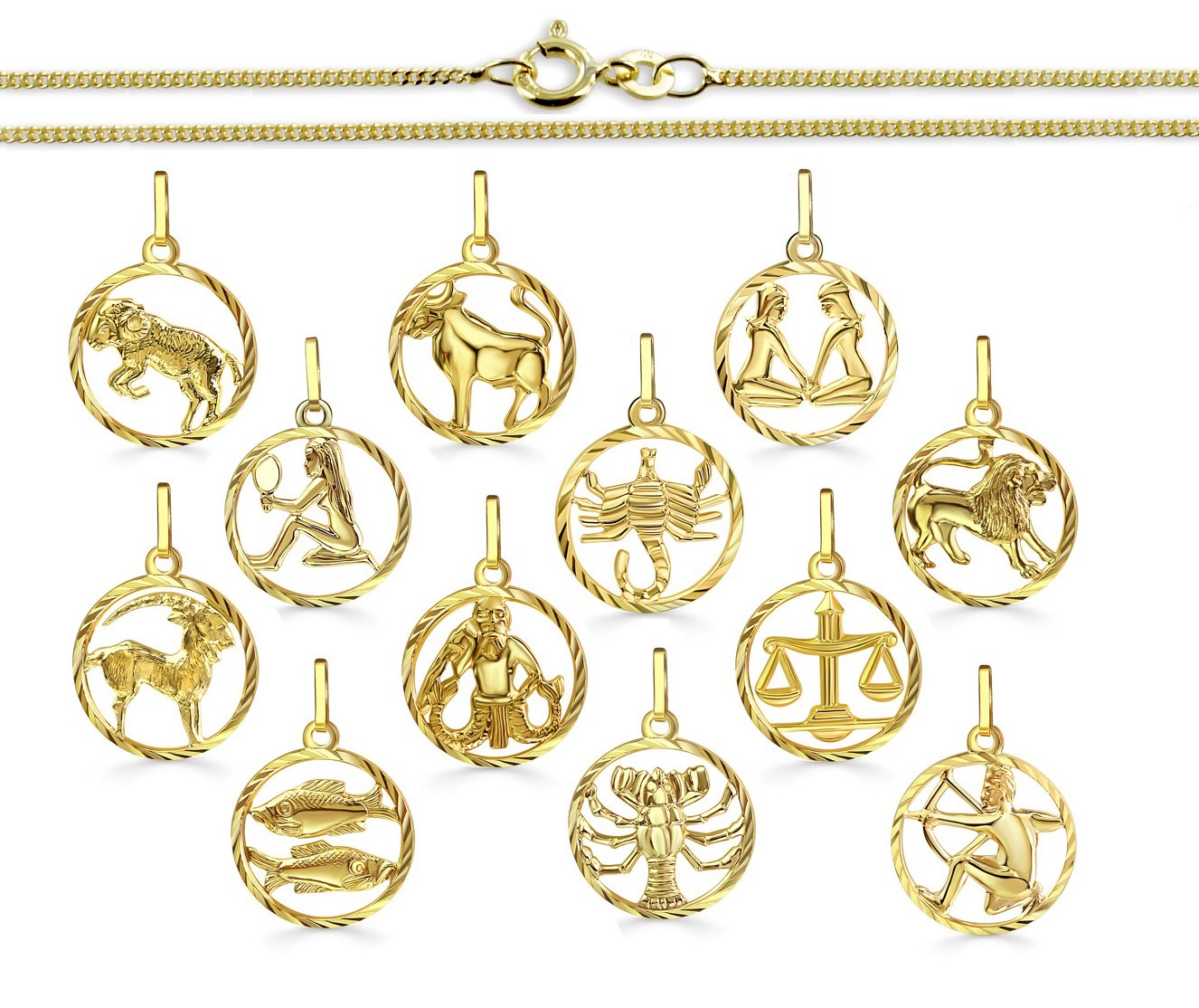 925 REAL SILVER, GOLD plated *** Zodiac Pendant Gold Plated 15mm, Chain