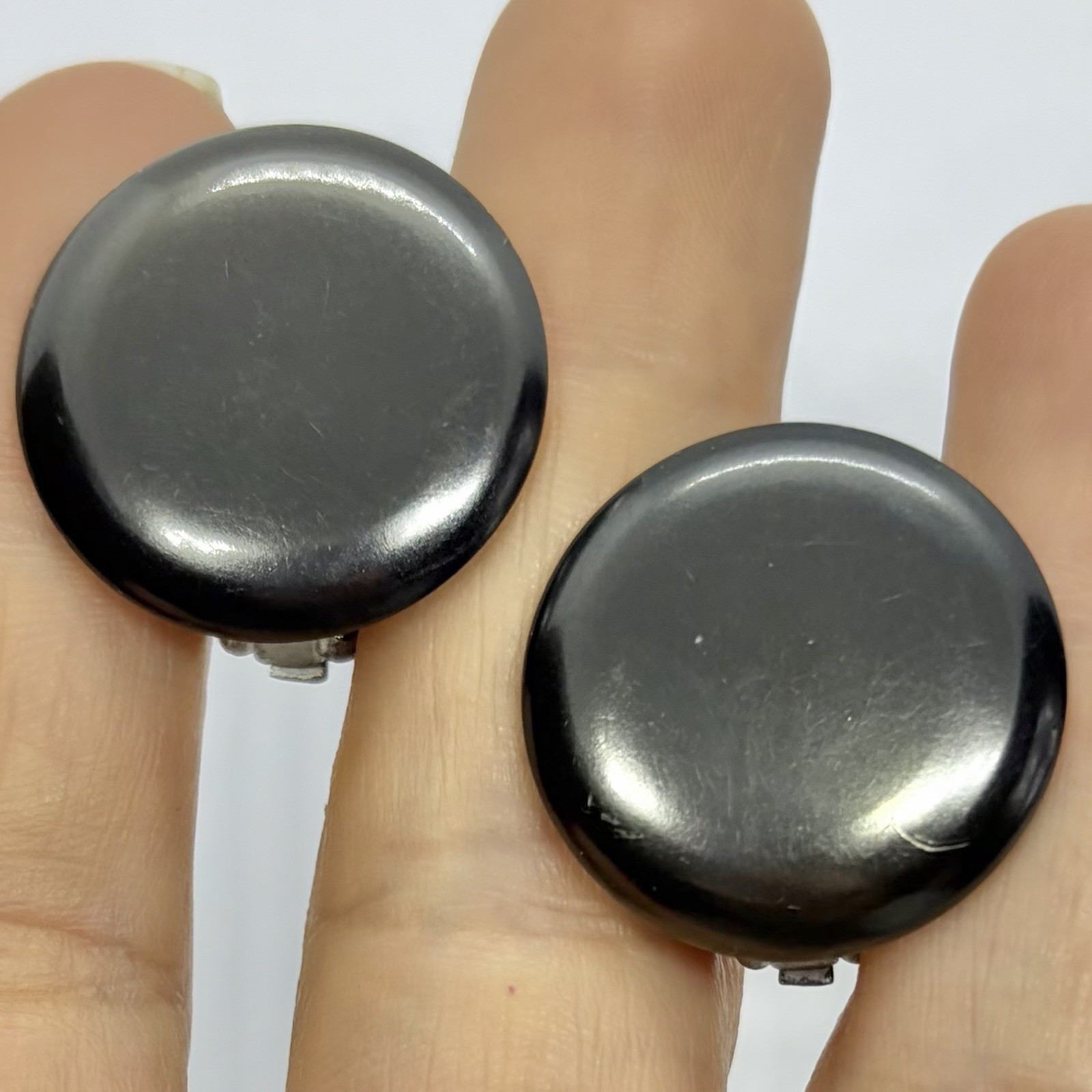 Vtg Dark Gray Lucite Disc Button Large Huggie Earrings Clip Japan Round