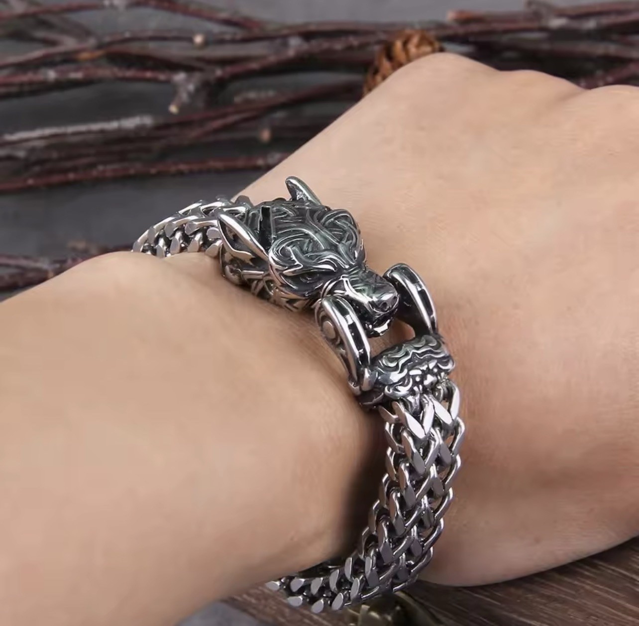 Men’s Retro Viking Wolf Head Bracelet, Vintage Fashion, Stainless Steel, 21cm