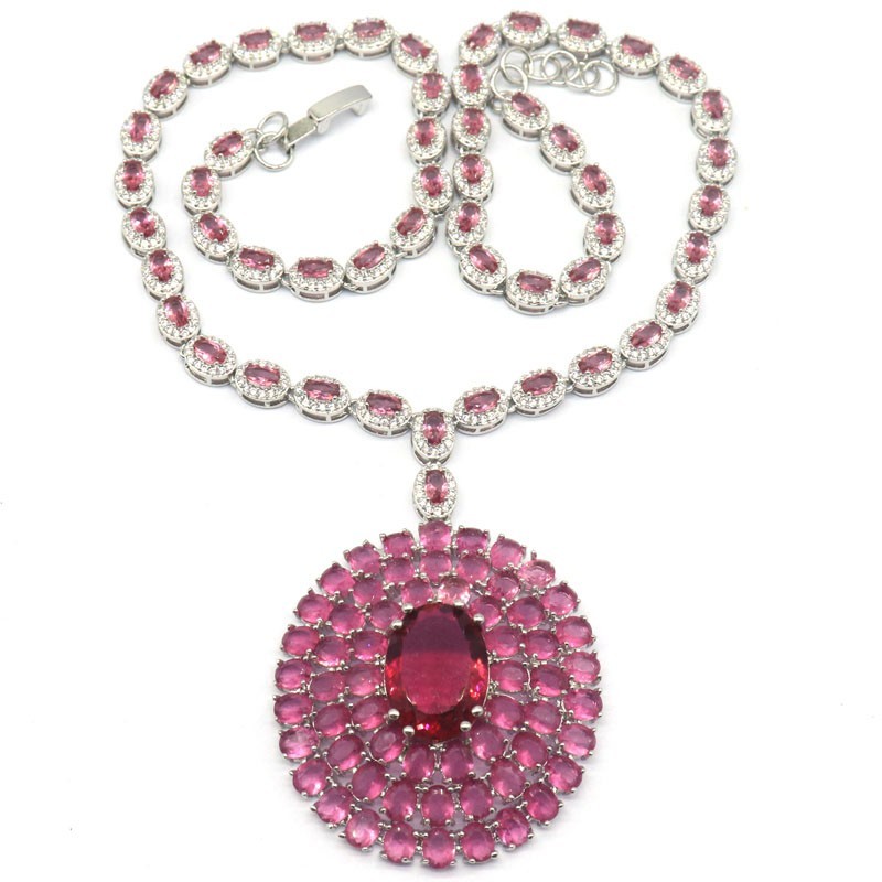 Eye Catching 40g Big Gemstone Pink Tourmaline Women Dating Silver Necklace 19″