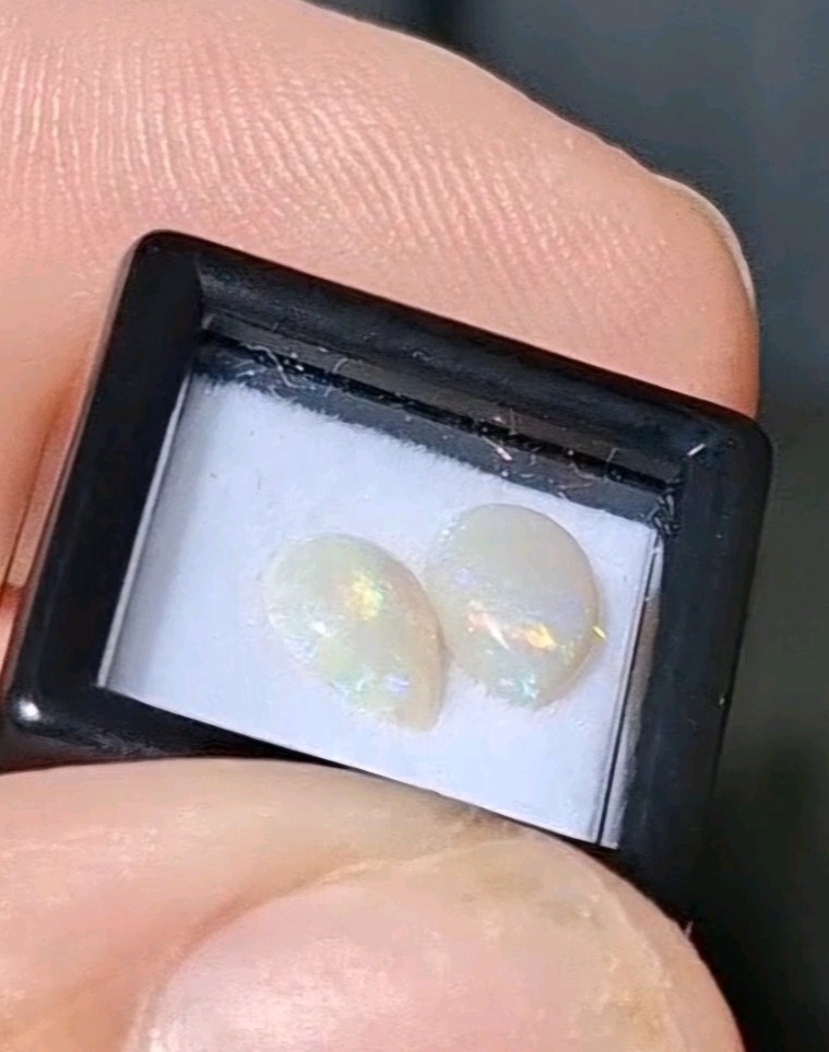 Natural Australian Lightning Ridge white Opals 5x7mm multicolour teardrop pair.