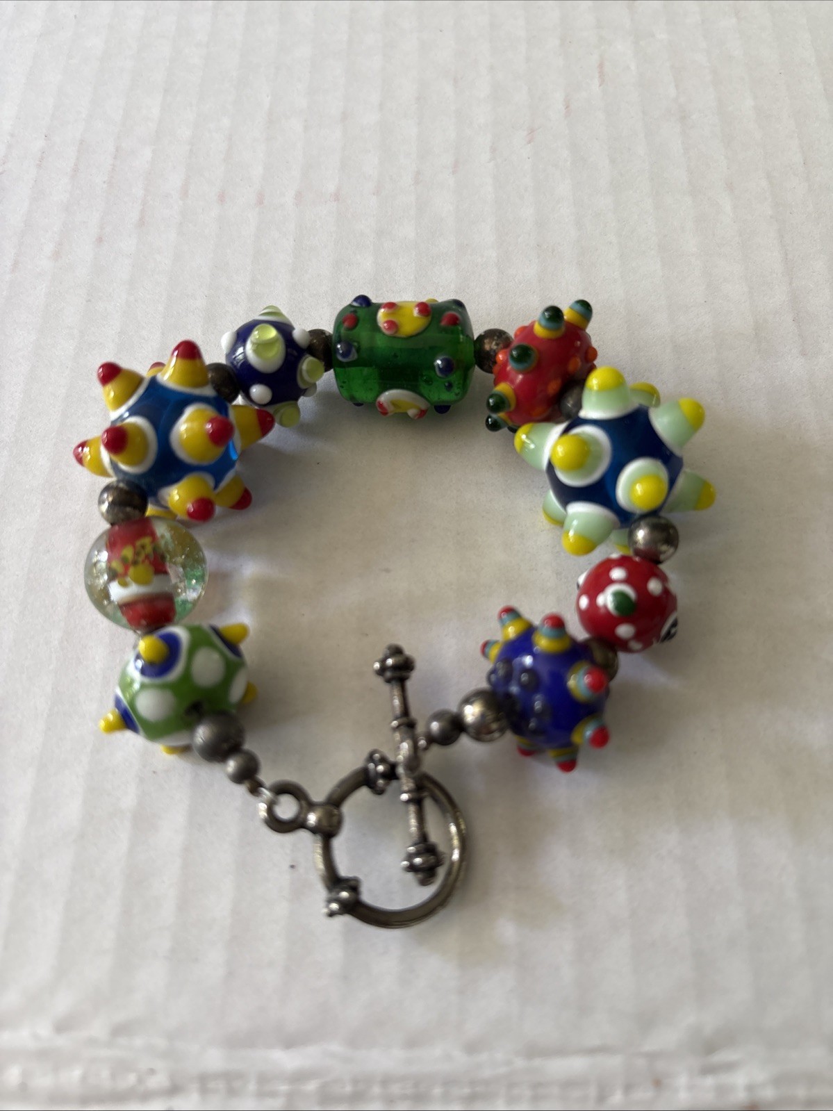 VTG MULTICOLOR LAMPWORK ART GLASS BEAD BRACELET