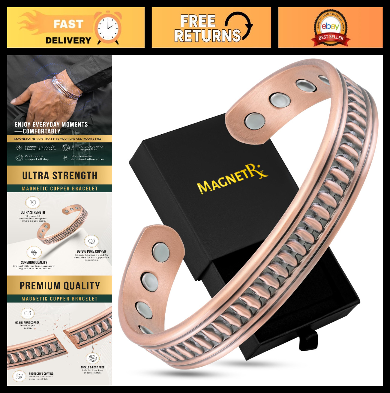 Adjustable Magnetic Copper Bracelet for Men – 99.9% Pure Copper Therapy Jewelry