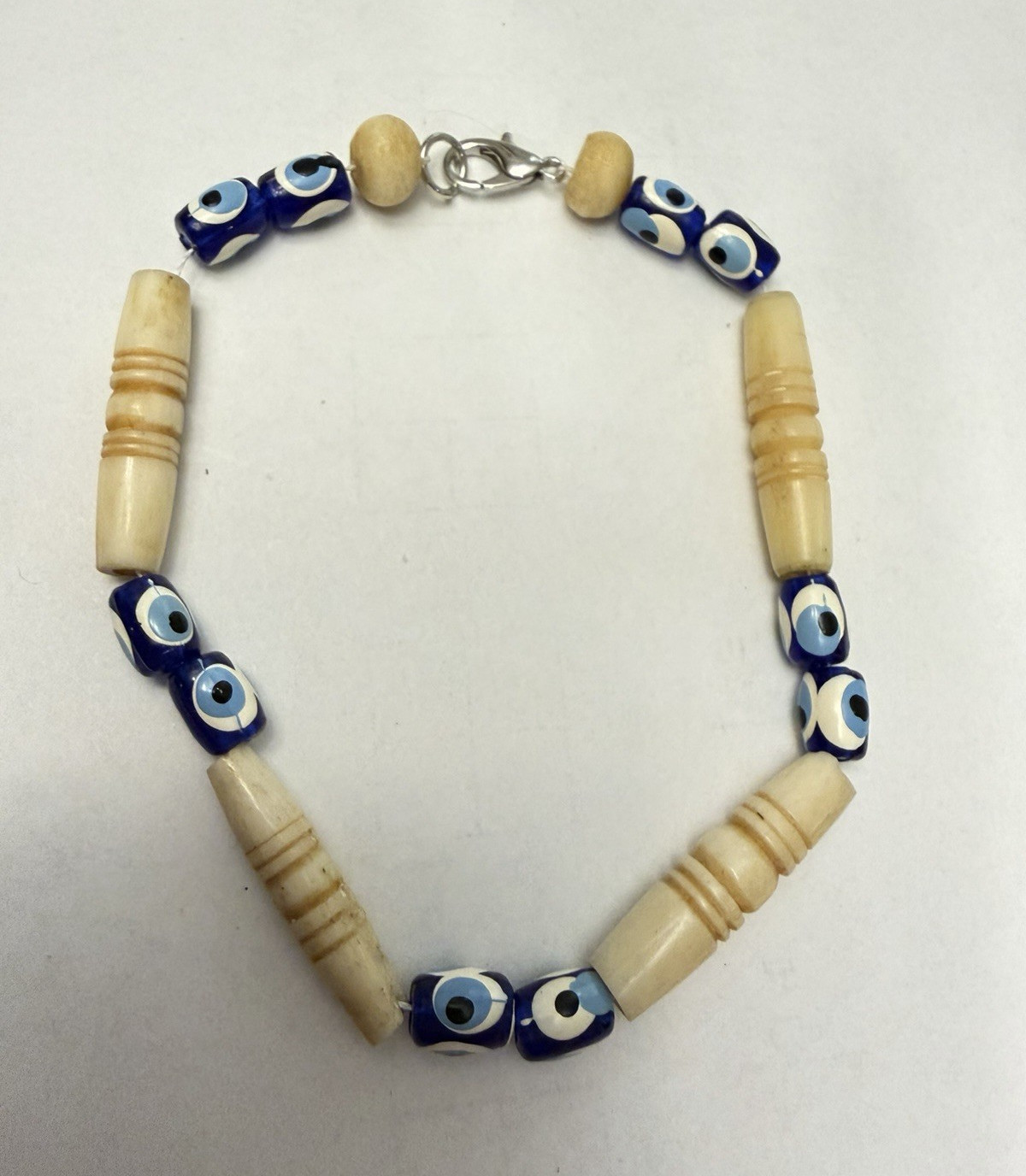 Blue, White & Beige Glass Evil Eye Beaded Bracelet/ Anklet Lobster Clasp, 8 in