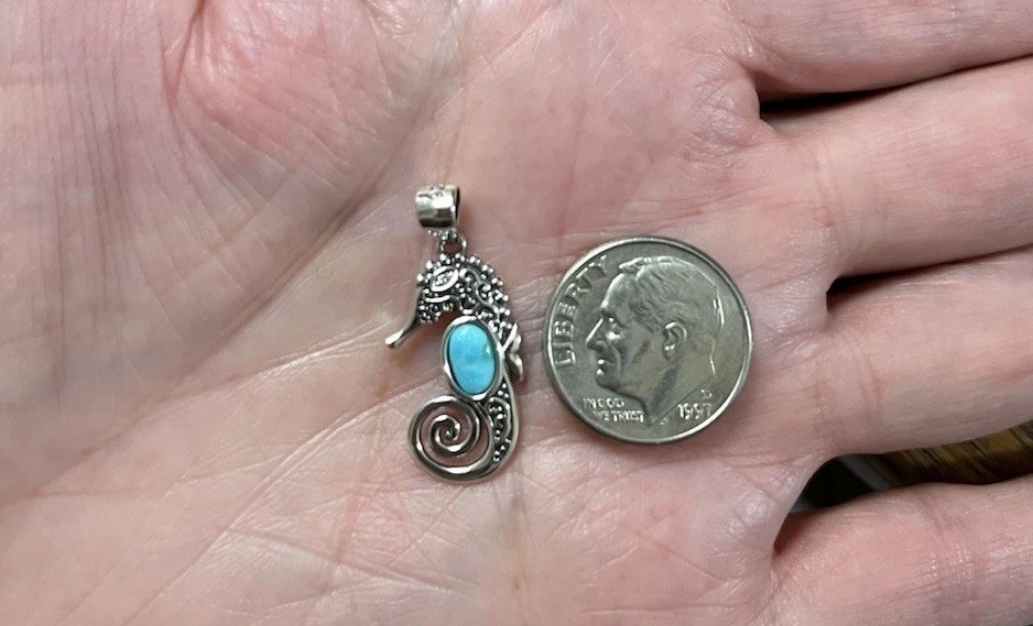 Sterling Silver Seahorse Genuine Turquoise Belly Pendant Snake SS Necklace 18”🩵