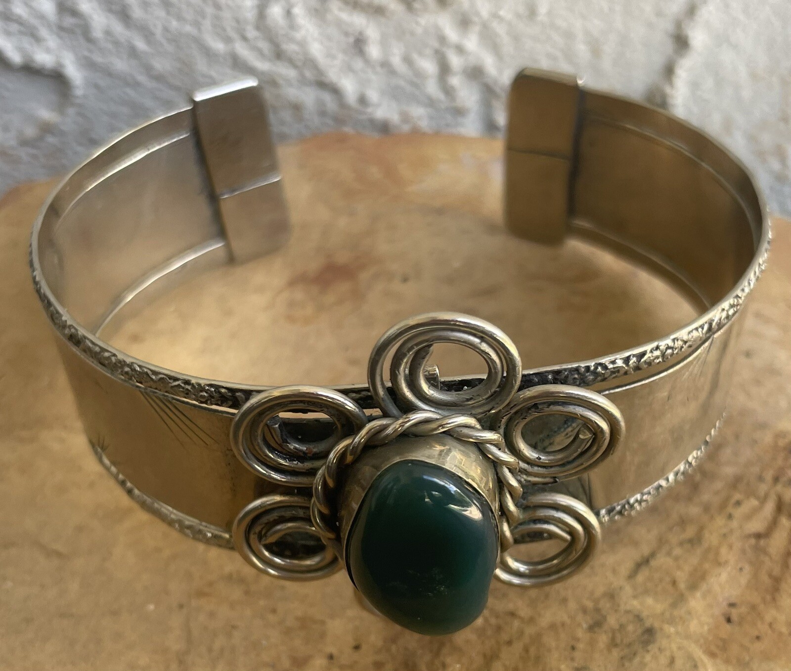 Peruvian Green Agate Semi-precious Stone Cuff Bangle Bracelet Alpaca Silver