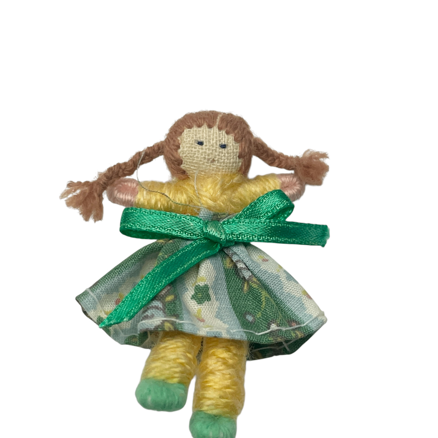 Handmade Yarn Doll Brooch Pin 2.5″ Green Yellow Fabric Whimsical Folk Art