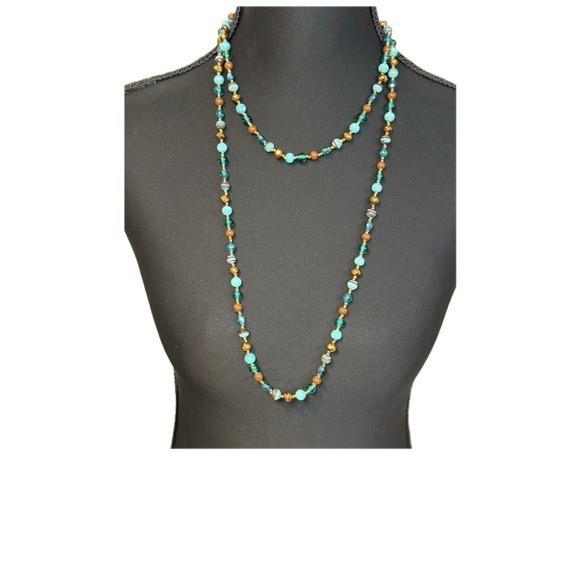 Turquoise Amber Teal Glass Beaded Long Multi Strand Bohemian Necklace Gold Tone
