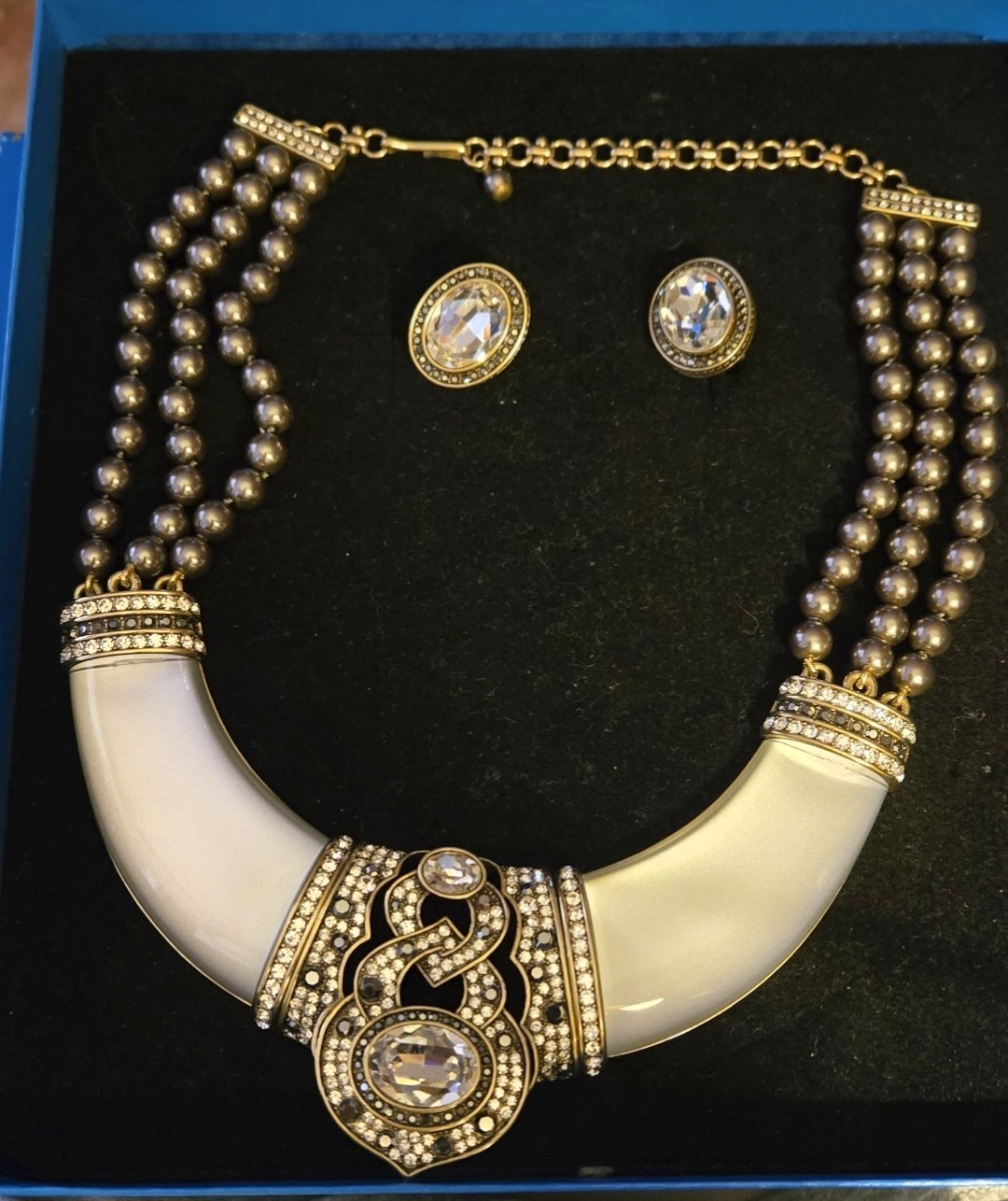 Heidi Daus Gold Tone White Collar Necklace & Crystal Stud Earrings Jewelry Set