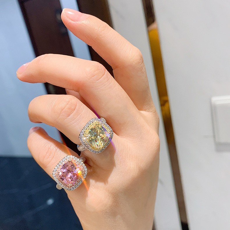 Pink and Yellow Square Zirconia Ring, Adjustable