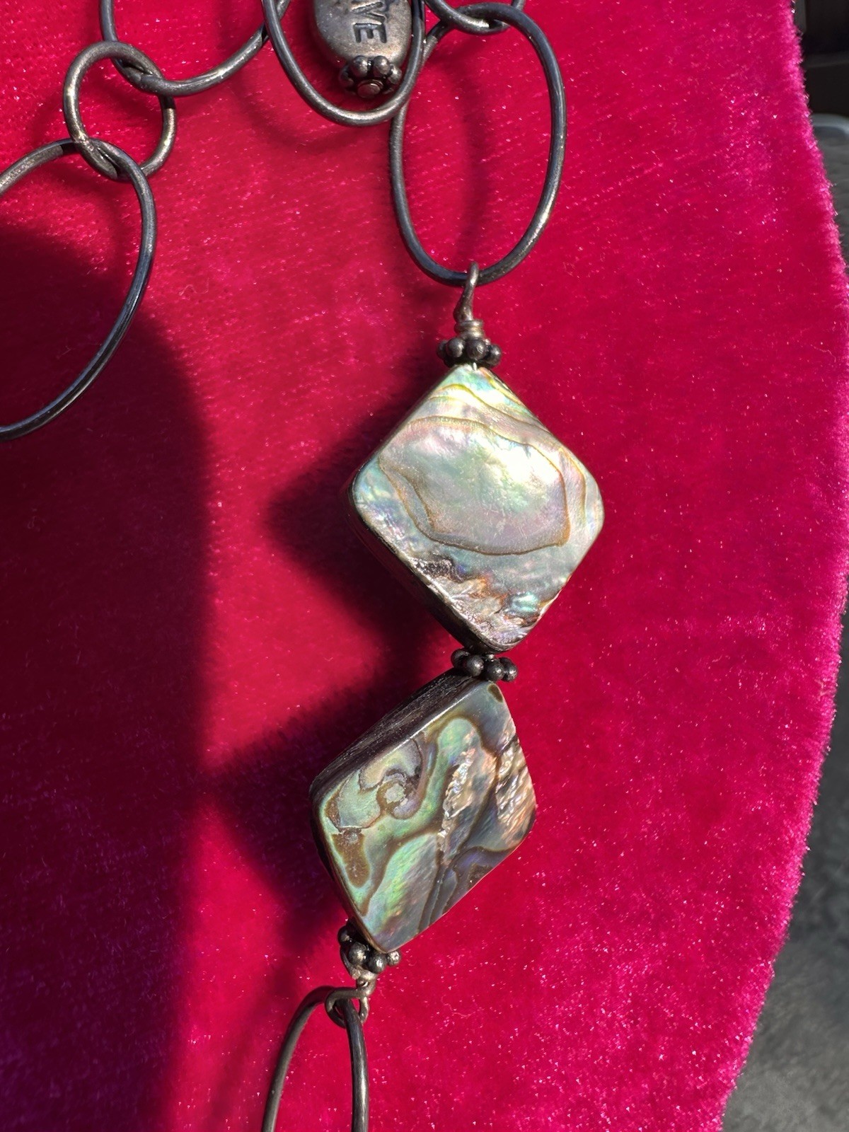 Boho Vintage Style Aqua Color Faux Stone & Abalone Shell Statement Necklace 21”
