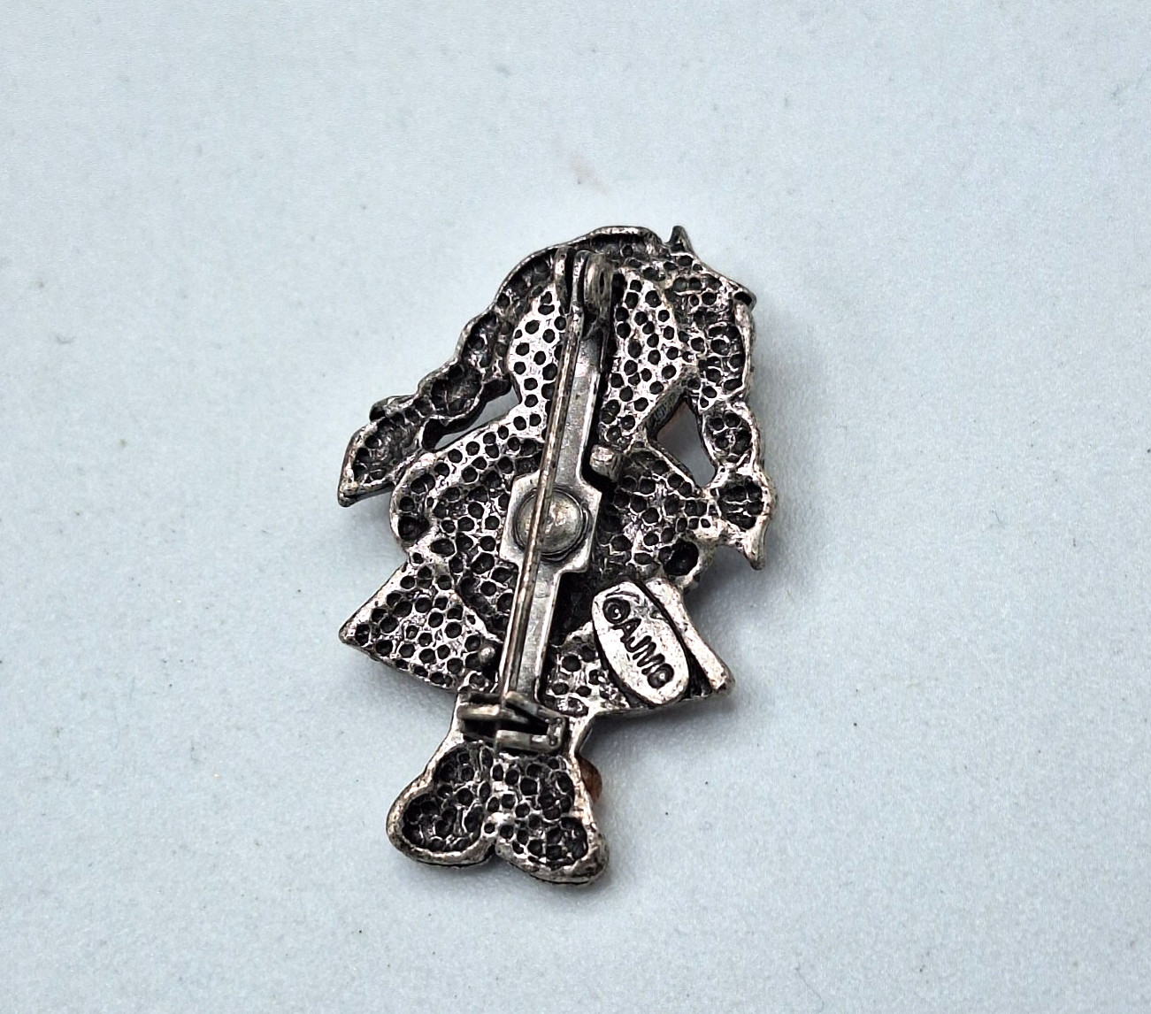 Vintage AJMC Silver Tone Girl with Heart Brooch, Rose Quartz Face