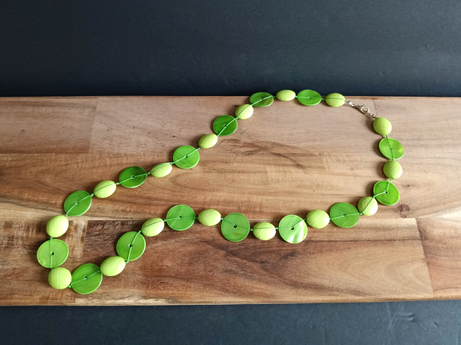 Long Lime Green Beaded Necklace Retro Mod Acrylic Disc Bead Statement Necklace