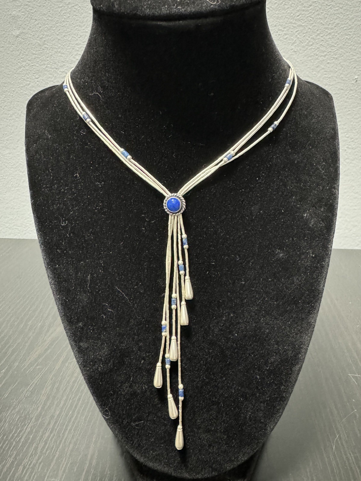 Vintage Liquid Silver Lapis Tassel Necklace Earrings set Stamped 925 Sterling
