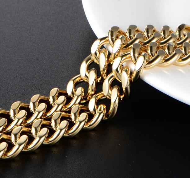 18mm 9” (23cm) Gold Stainless Steel Smooth Two Rows Curb Link-chain Bracelet