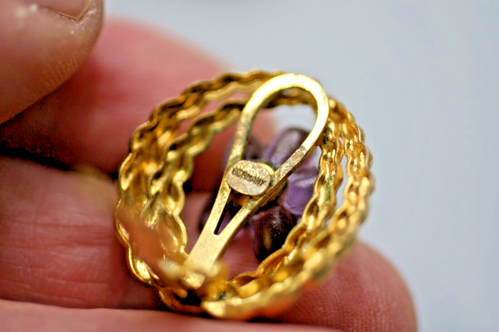 Gold Tone Flower Clip On Earrings Pansy Large Statement Made in Germany 40s R16