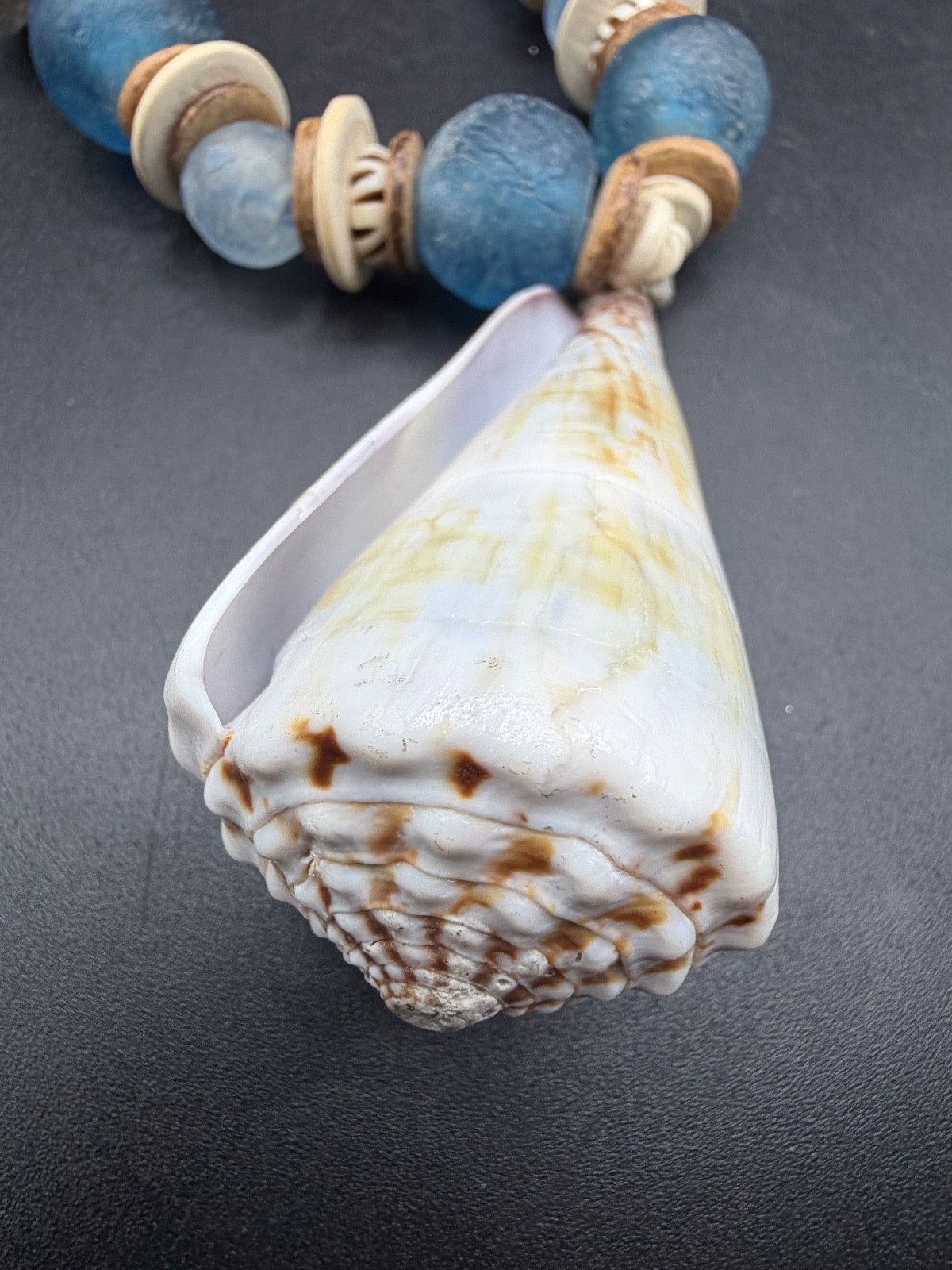 Twine & Twig Large Cone Shell & Blue African Glass Bead Suede Statement Necklace