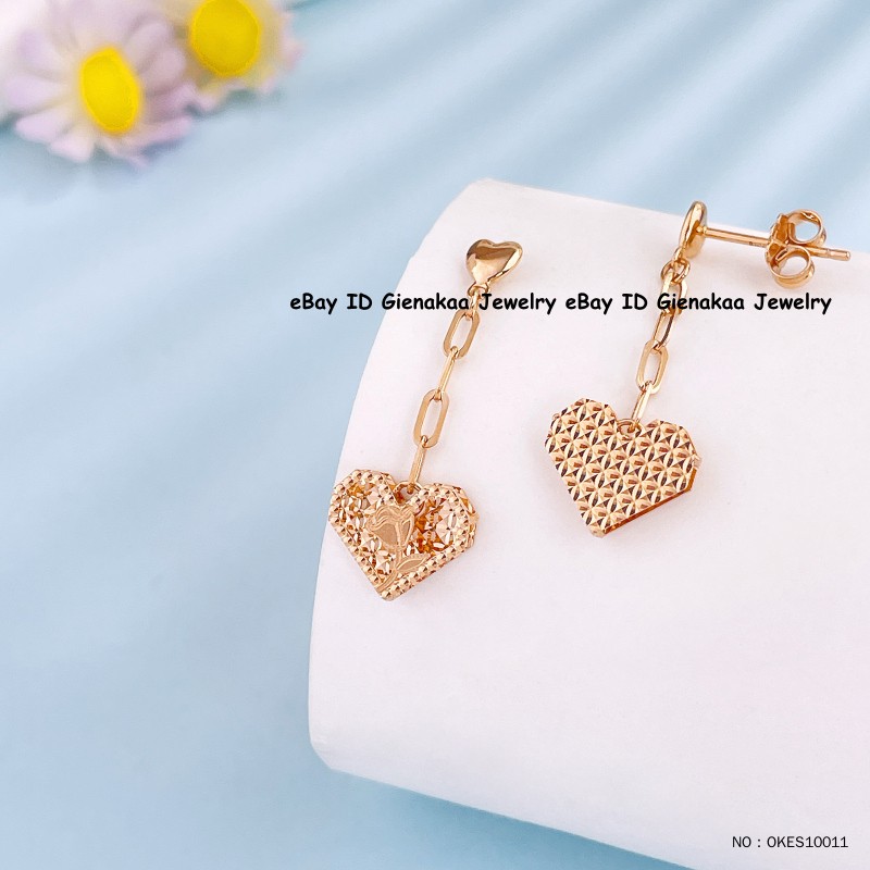 Real Au750 Pure 18K Rose Gold Lucky Carved Shiny Heart Dangle Earrings 2.2-2.3g