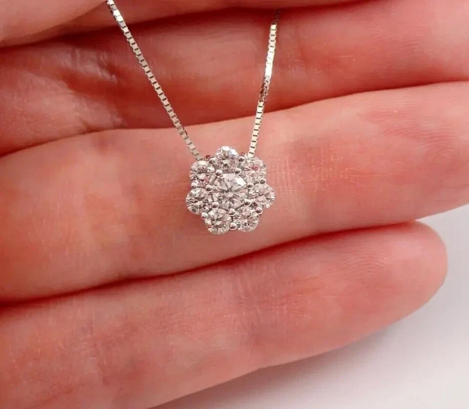 1.10 Ct Round Cut Moissanite Cluster Pendant Necklace in 14K White Gold Plated