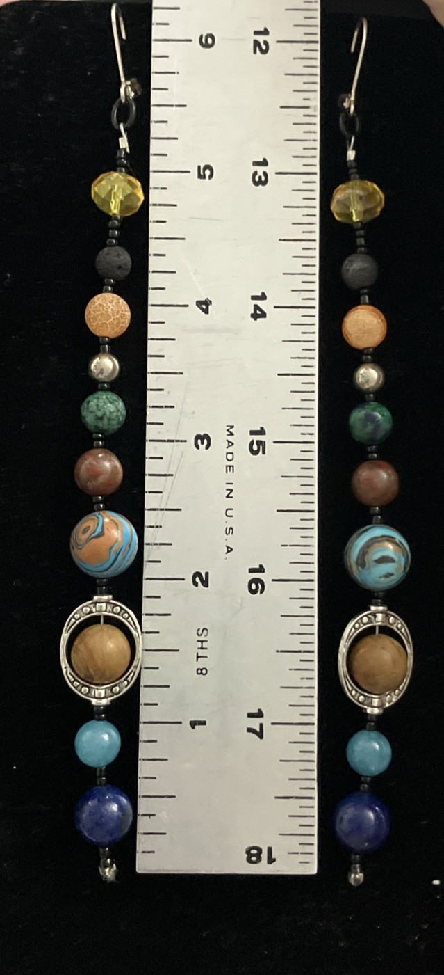 Solar System Dangle Earrings Stones & Gems, Silver Plated Hook, MiaChavi Geekery