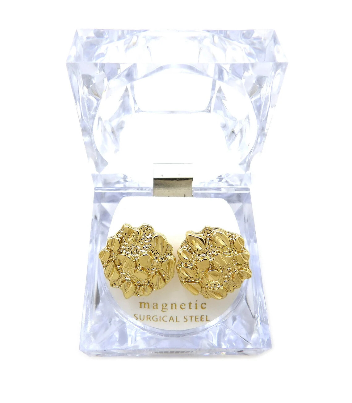 Gold Plated Alloy Golden Nugget Cookie Magnetic Earring Earrings With Lucite Box