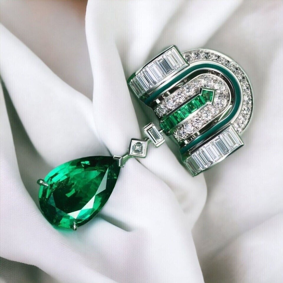 Unique Art Deco pear cut green Emerald Drop Pendant & Brooch in 925 Silver