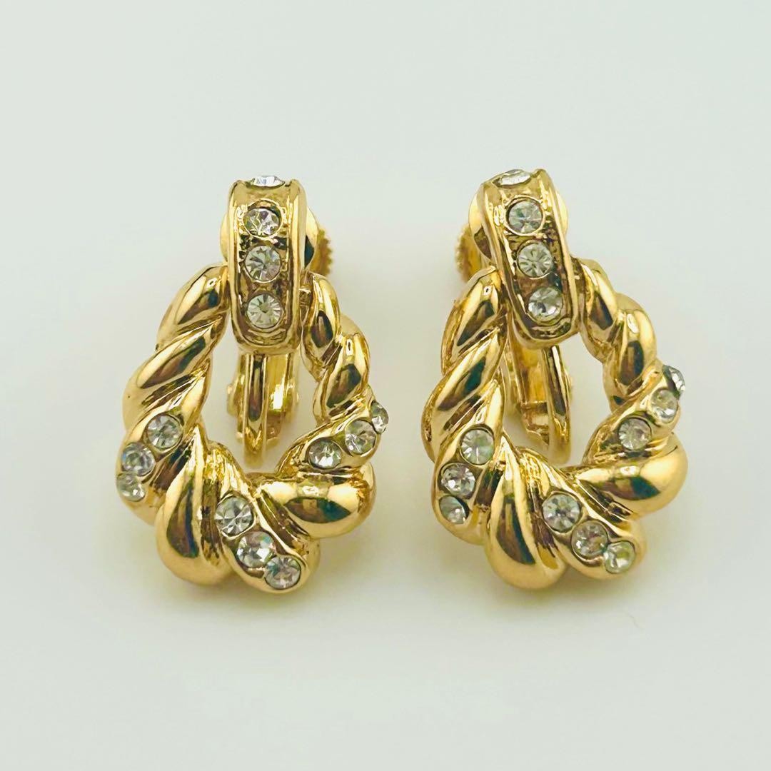 Yves Saint Laurent Twist Earrings Rhinestone Gold Tone Screw Type w/Box