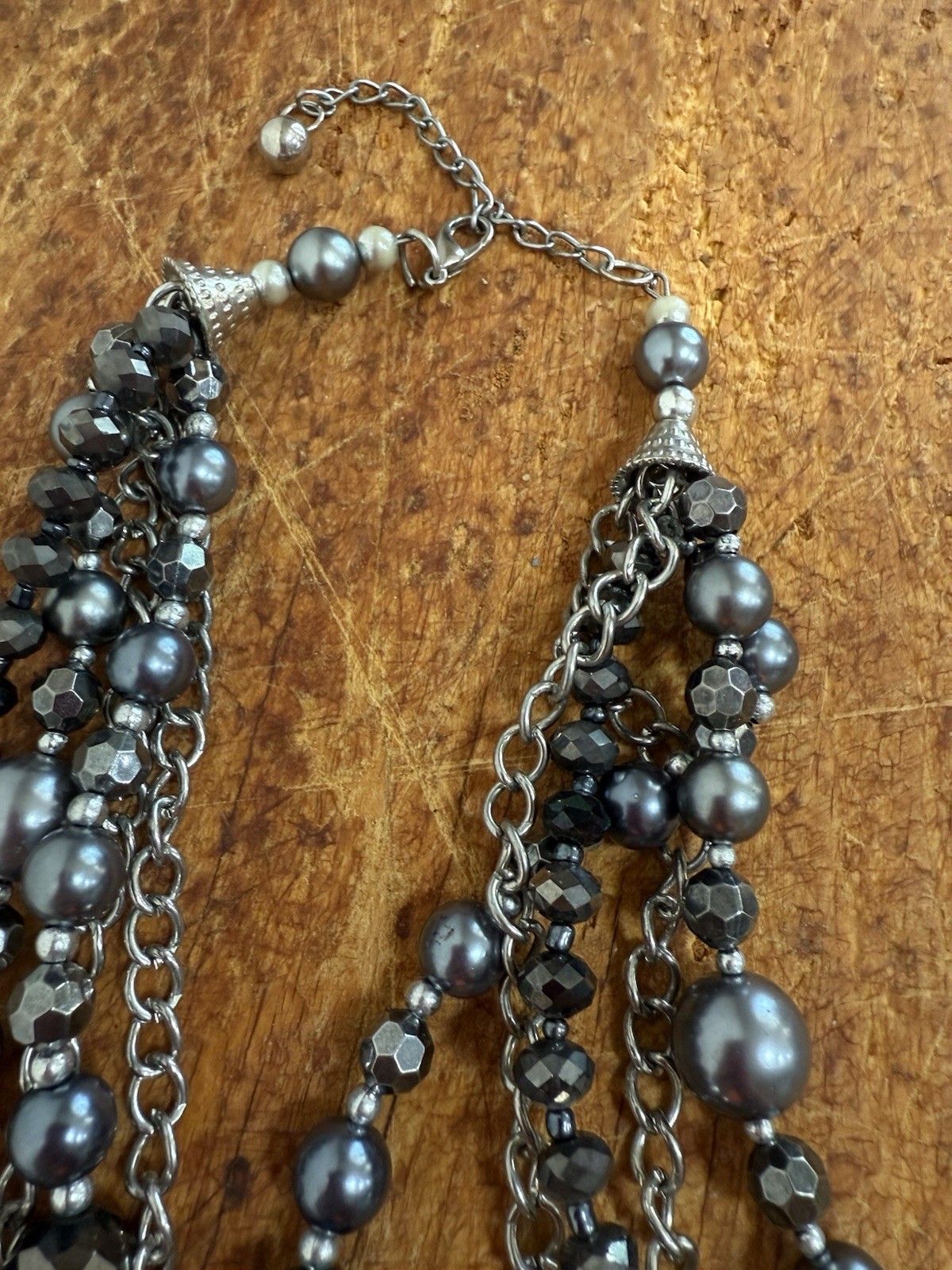 Gray Layered Faux Pearl & Crystal Beaded Cable Chain Necklace Lobster Clasp